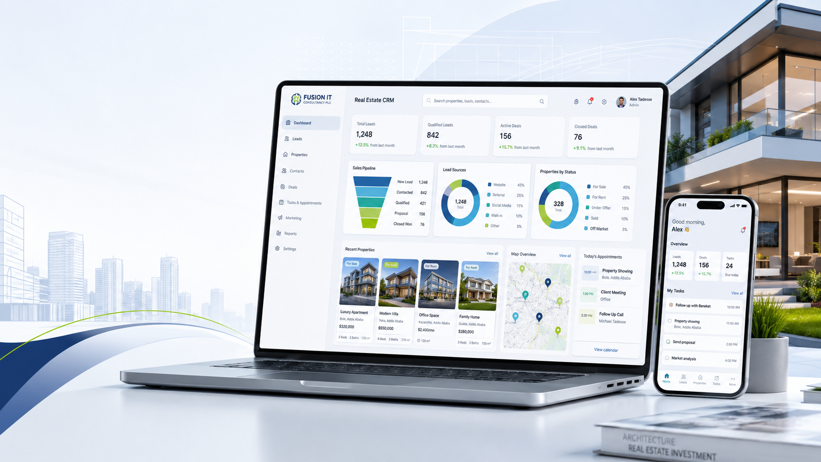 Fusion IT real estate CRM displayed on a laptop and mobile phone.