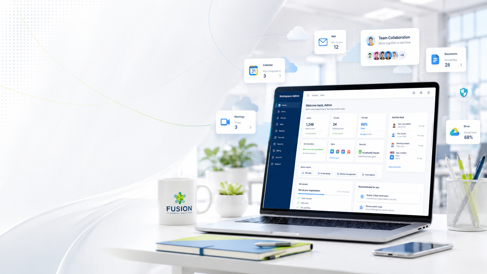 Google Workspace administration and collaboration tools on a desk.